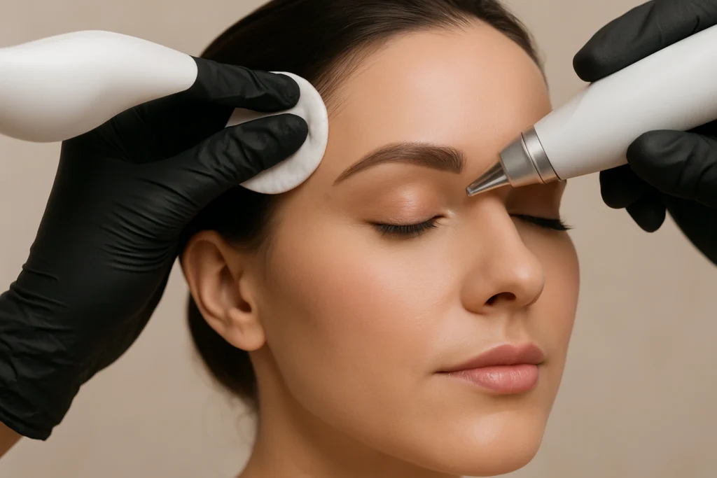Close-up van een vrouw die een PMU-laserbehandeling ondergaat bij de wenkbrauwen, uitgevoerd door een specialist met zwarte handschoenen.