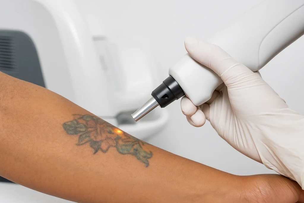 Laser verwijdert kleurrijke tatoeage op onderarm tijdens klinische behandeling