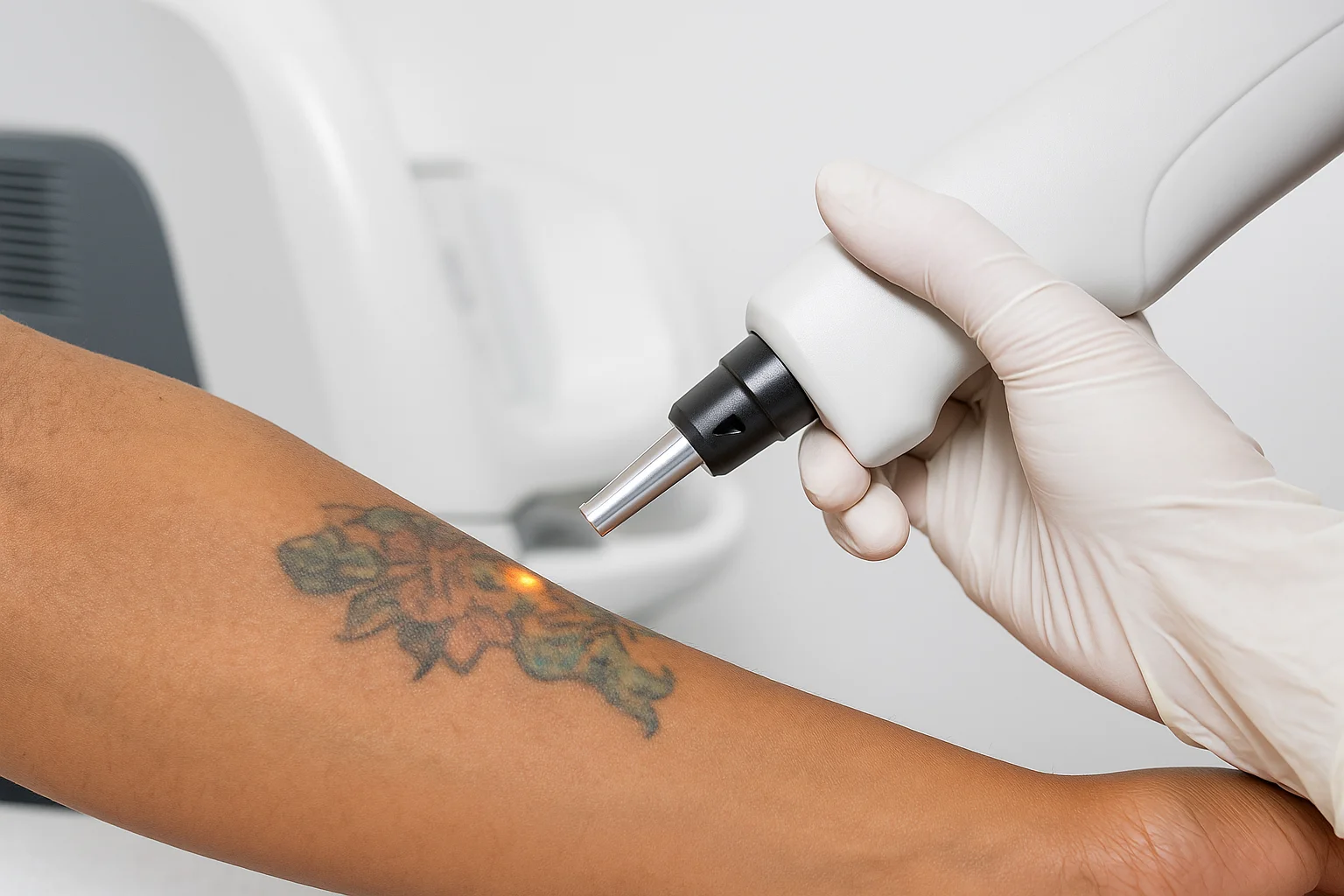 Laser verwijdert kleurrijke tatoeage op onderarm tijdens klinische behandeling