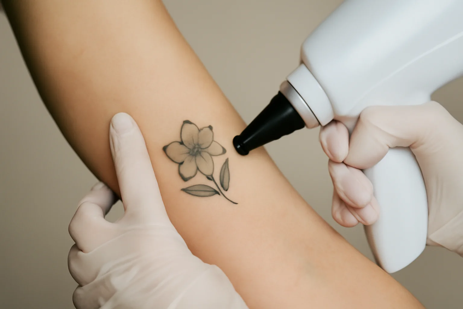 Laserbehandeling van een bloemvormige tatoeage op de bovenarm