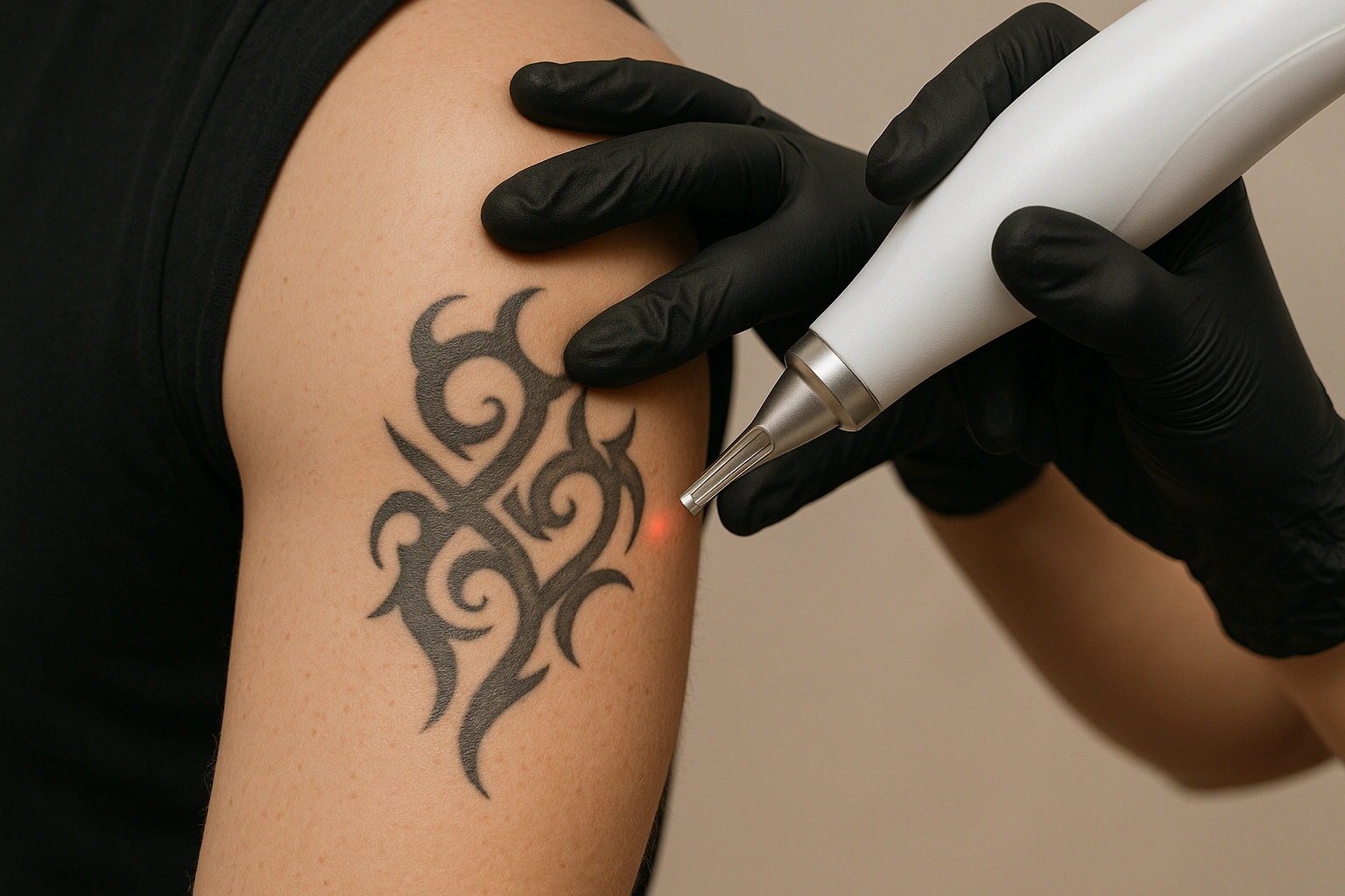 Close-up van een tattoo-verwijderingsprocedure op de bovenarm, uitgevoerd met een laserapparaat en zwarte handschoenen.