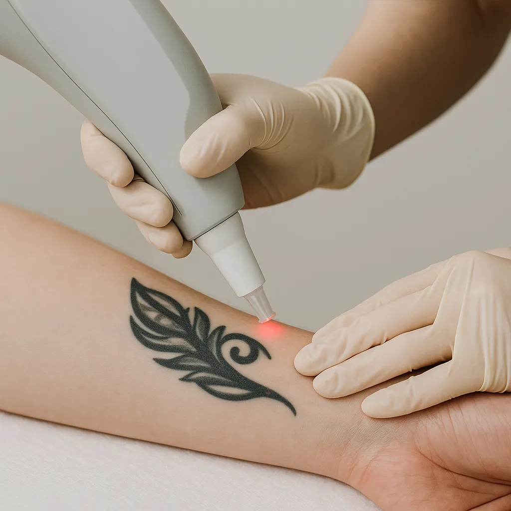Laserbehandeling op een tribal-tatoeage op de onderarm, met focus op de laserkop en de tatoeage