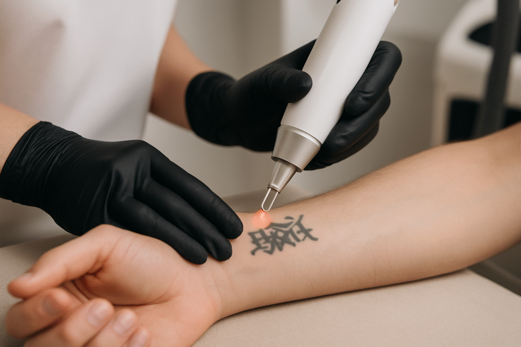 Laserbehandeling voor tattoo verwijderen op voorarm in klinische setting zonder zichtbare tekst