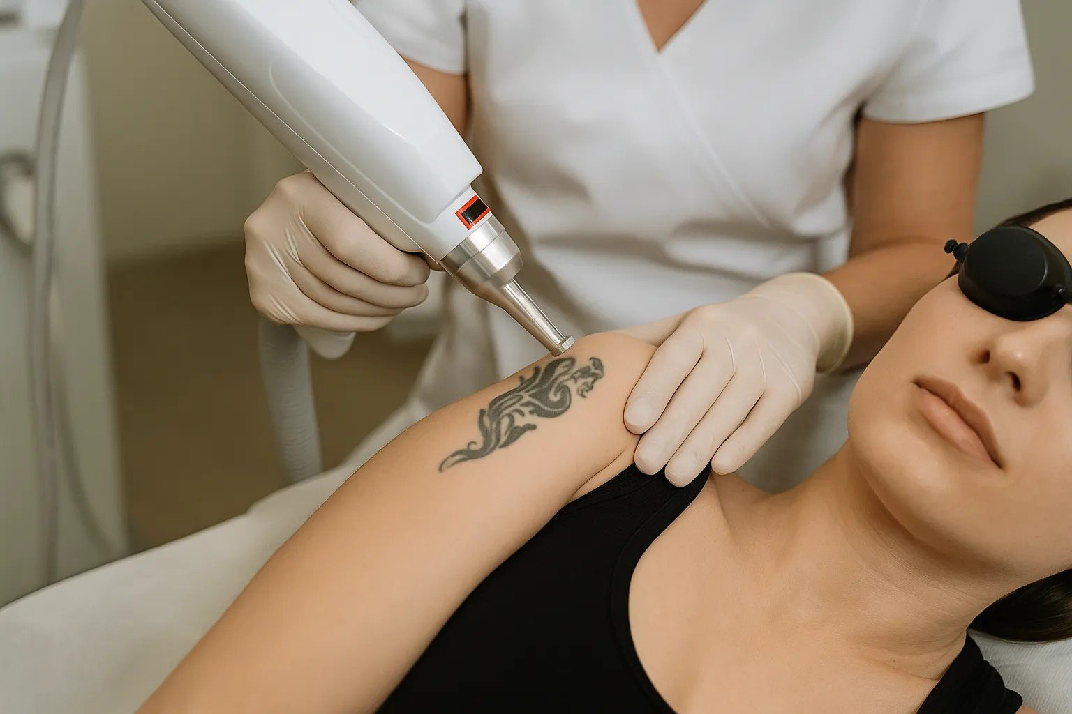 Een laserbehandeling wordt uitgevoerd op een zwarte tribal-tattoo op de bovenarm van een persoon