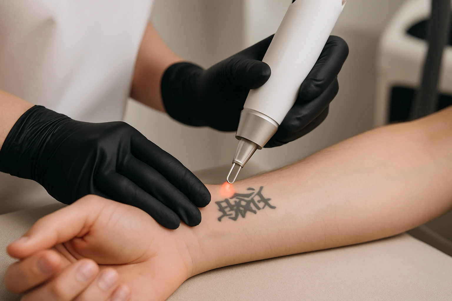 Laser tattoo­verwijdering op de pols in een klinische setting.