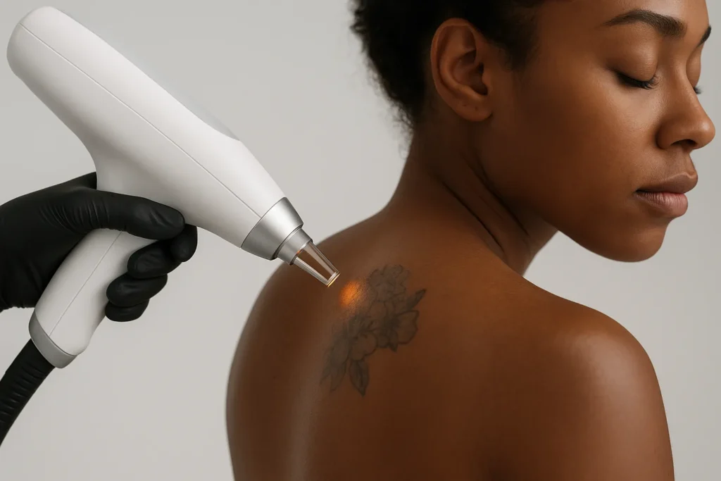 Tattoo verwijderen op donkere huid met precisielaser in professionele kliniek