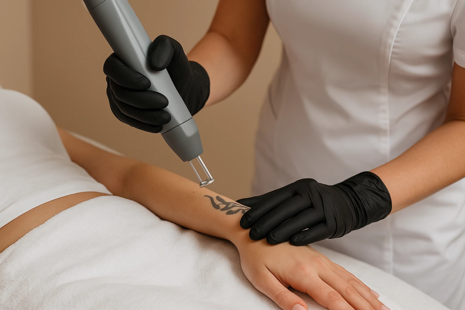 Zorgvuldige laserbehandeling op onderarm met tribal tattoo
