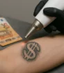 Close up van laserbehandeling op een tattoo met dollar teken op een onderarm, uitgevoerd door een professional met zwarte handschoenen.