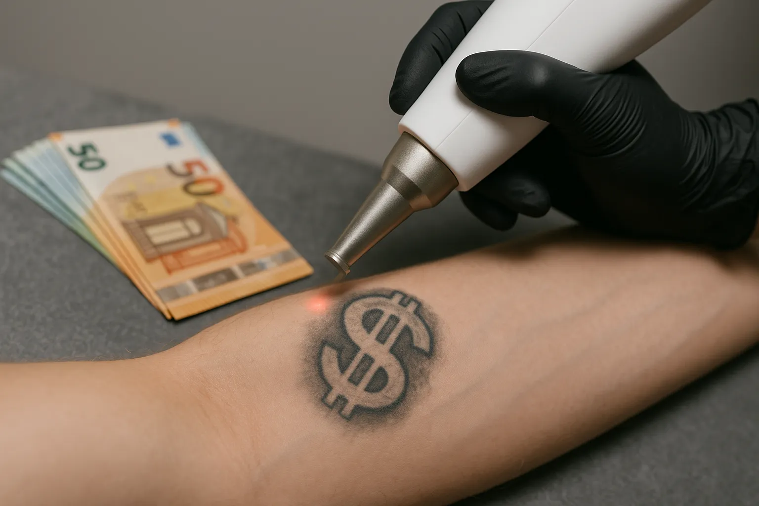 Close up van laserbehandeling op een tattoo met dollar teken op een onderarm, uitgevoerd door een professional met zwarte handschoenen.