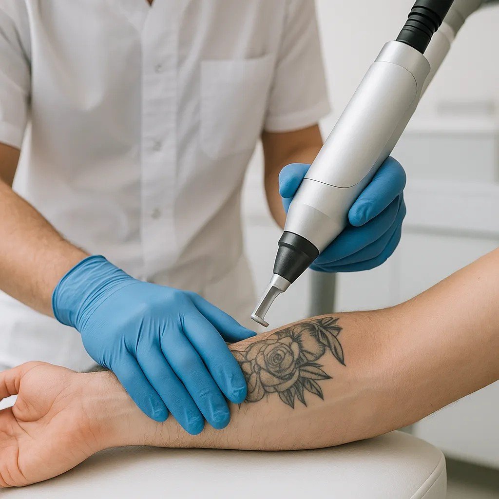 Laserbehandeling verwijdert bloemen-tatoeage op onderarm in klinische omgeving