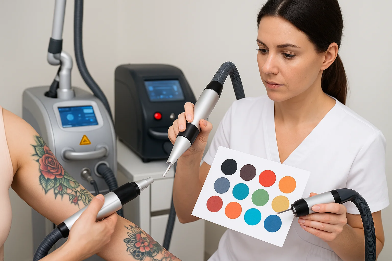 Specialist verwijdert veelkleurige tattoo met picolaser; kleurkaart bepaalt optimale instellingen.