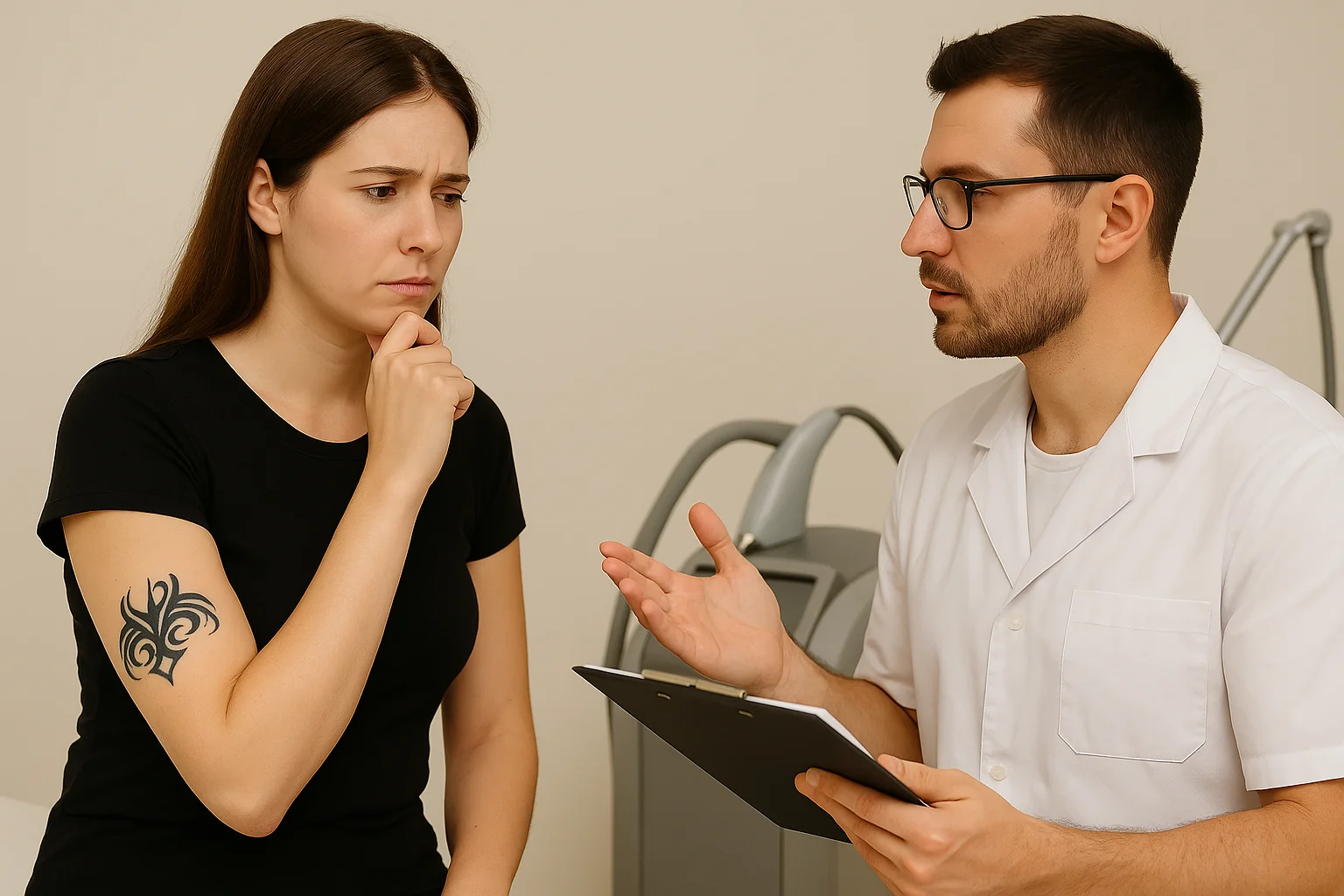 Consult over tattoo-verwijdering tussen client en huidtherapeut