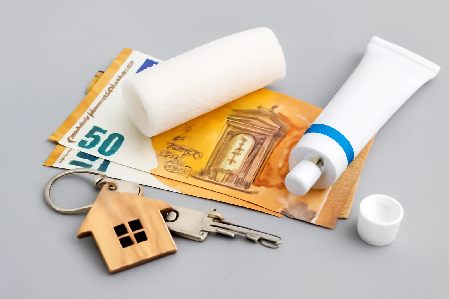 Financiele elementen, zoals eurobiljetten en een houten sleutelhanger, gecombineerd met een rol verband en een tube creme, symboliseren de bijkomende kosten van tattoo weglaseren.