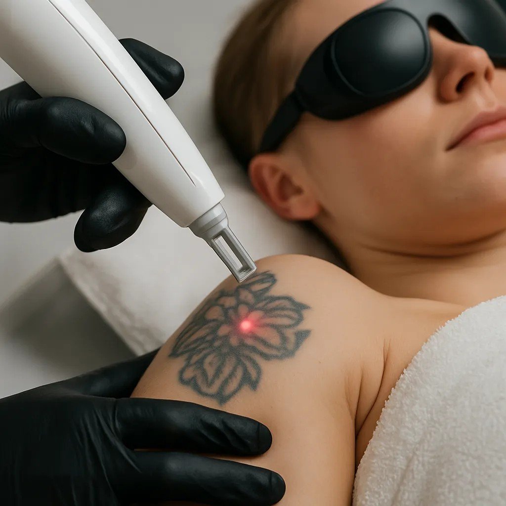 Close up van tattoo verwijdering met picosecond laser op bovenarm