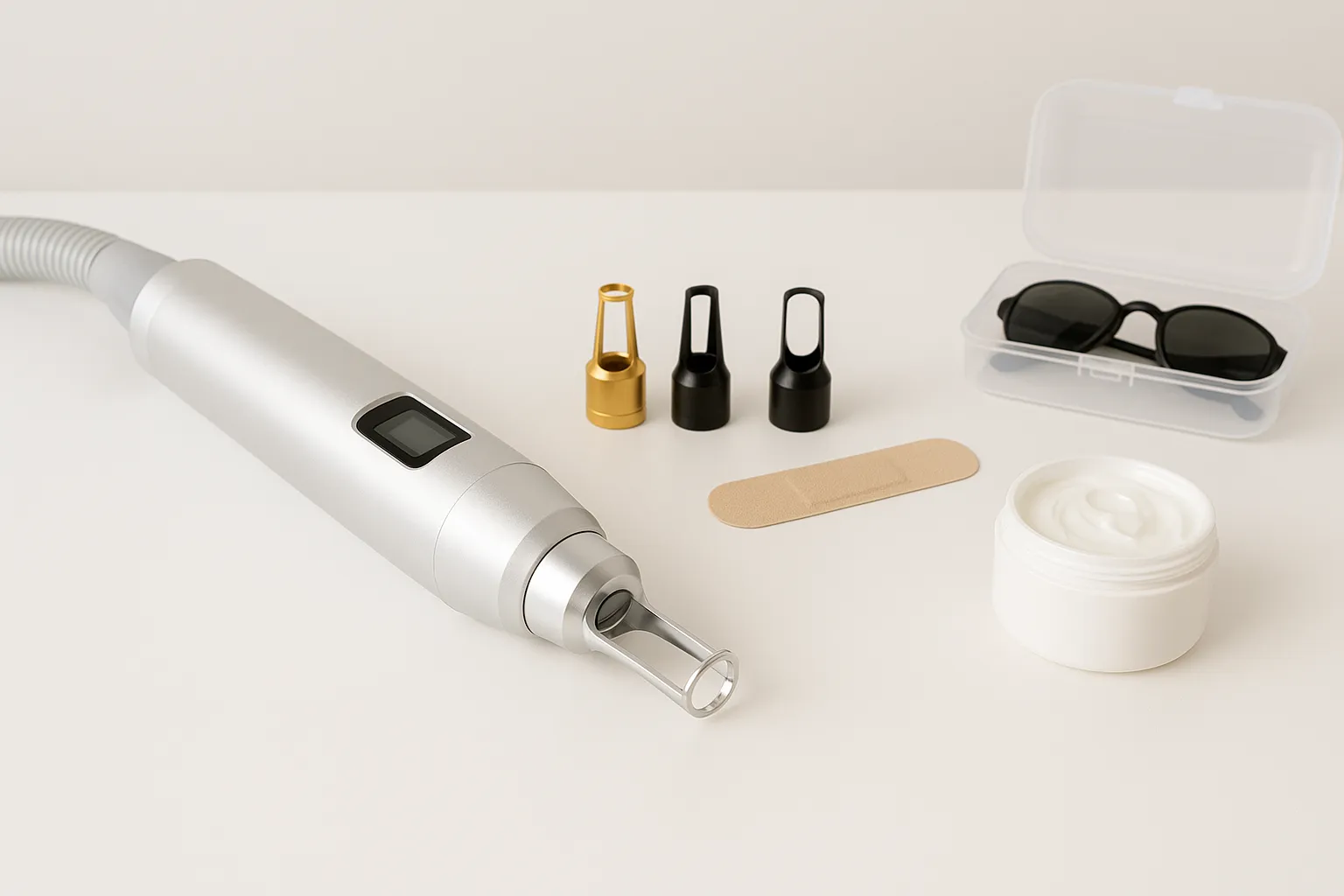 Tattoo verwijderingsapparaat en accessoires netjes gepresenteerd op een witte tafel