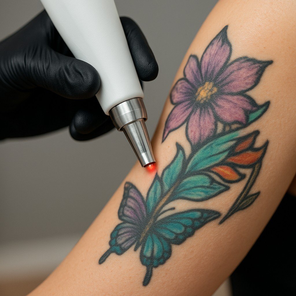 Laserbehandeling op gekleurde tatoeage met bloemen en vlinder op bovenarm, zonder zichtbare tekst.