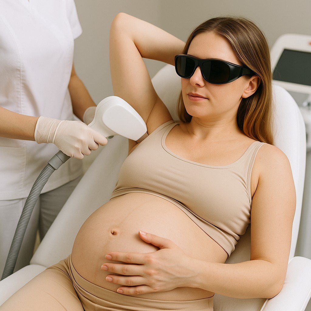 Zwangere vrouw ondergaat definitief ontharen van de oksel in een kliniek