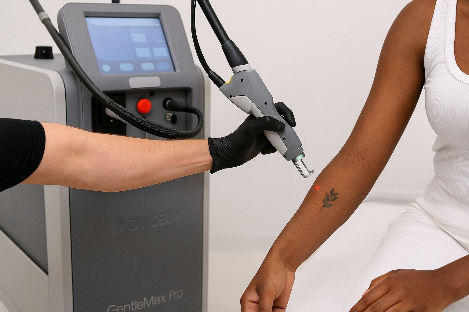 GentleMax Pro laser in gebruik voor het verwijderen van een kleine tattoo op de onderarm