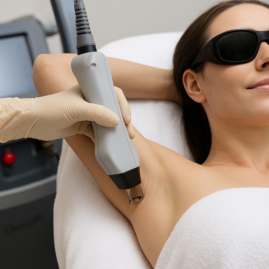 Laserbehandeling met Gentlemax Pro op onderbeen van cliënt in moderne kliniek, zonder zichtbare tekst