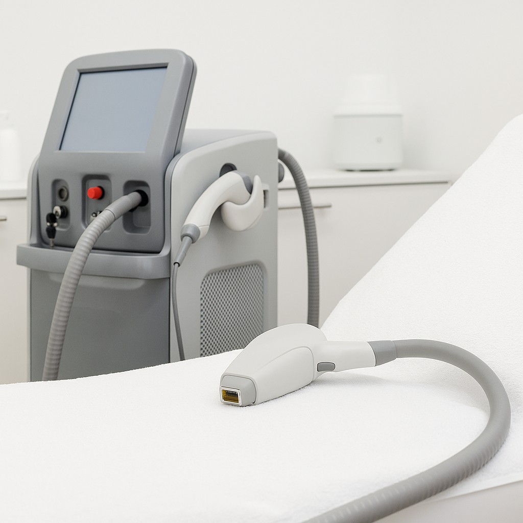 Vrouw ondergaat professionele haar laseren op de benen in een moderne kliniek, illustratie bij haar laseren.
