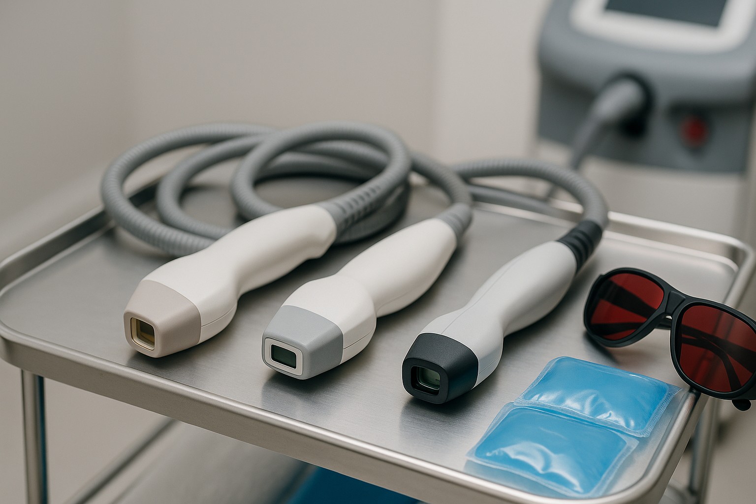 Drie laserhandstukken 755, 810 en 1064 nm—op RVS kar met beschermbril en cold-packs in moderne behandelkamer.