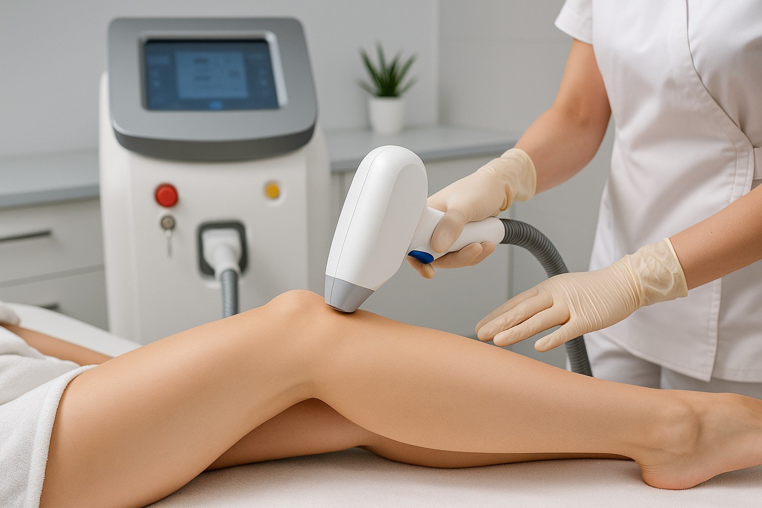 Realistische foto van een diodelaserbehandeling op een glad scheenbeen in een moderne kliniek, zonder zichtbare tekst.