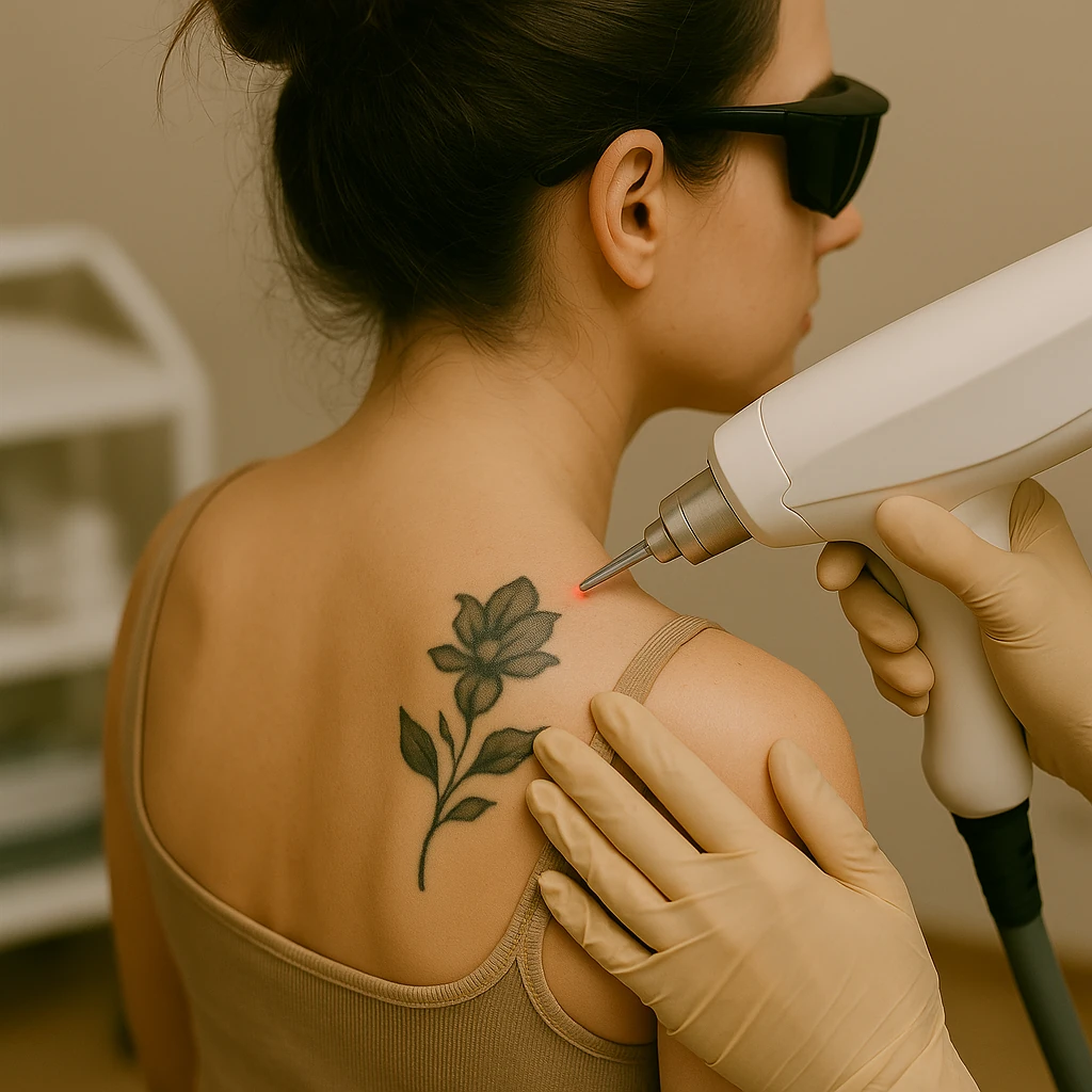 Laserbehandeling voor tatoeageverwijdering op de schouder van een vrouw met een bloemontwerp.