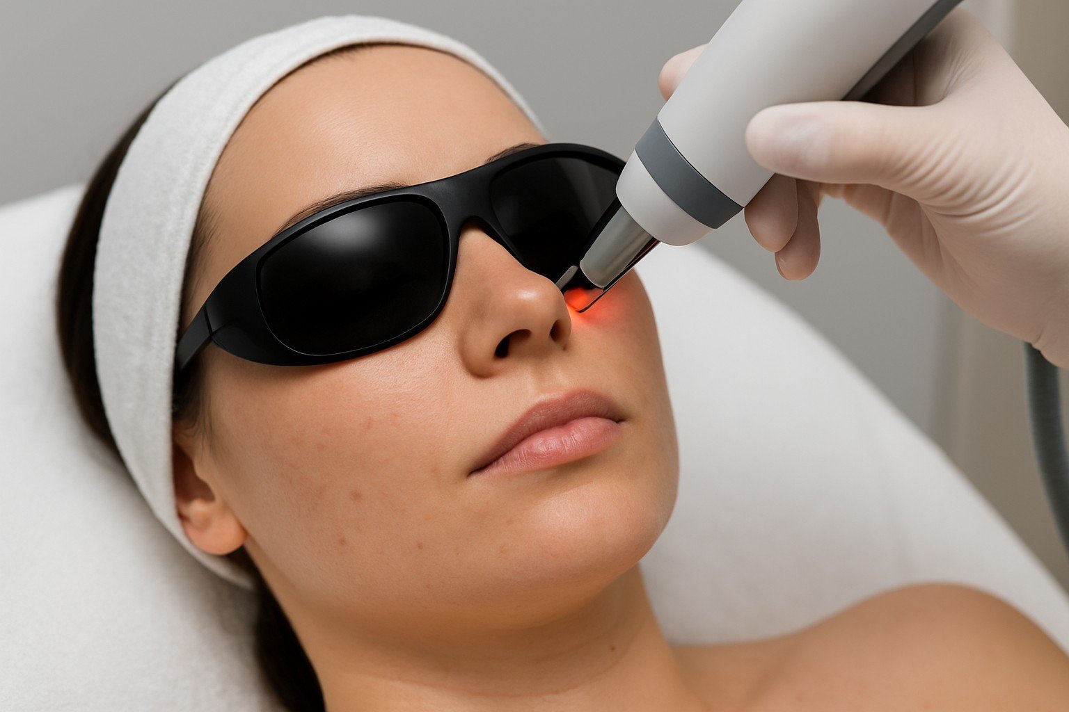 Vrouw ondergaat laserbehandeling in het gezicht met beschermende bril