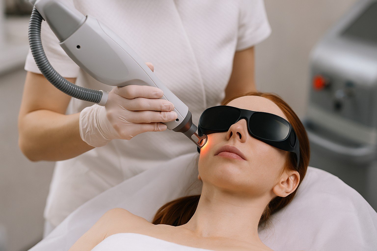 Vrouw ondergaat een laserbehandeling in het gezicht met professionele apparatuur, huidbescherming en veiligheidsbril.