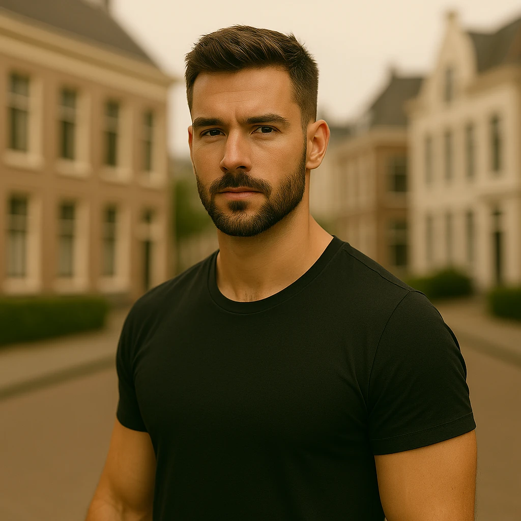 Jonge man met verzorgde baard en kort kapsel in een rustige straat met klassieke gebouwen op de achtergrond.