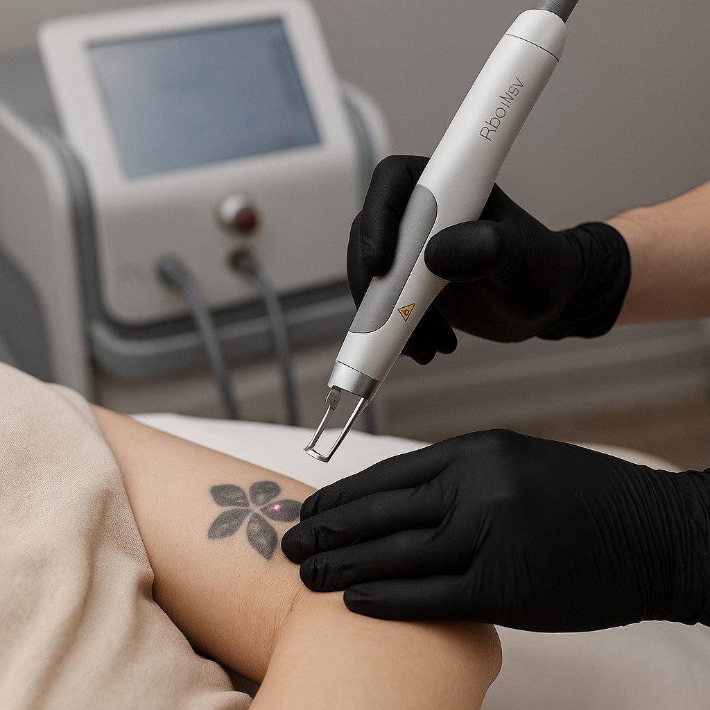 Close-up van een Picoway laserbehandeling voor het verwijderen van een zwarte tribal tattoo op de bovenarm