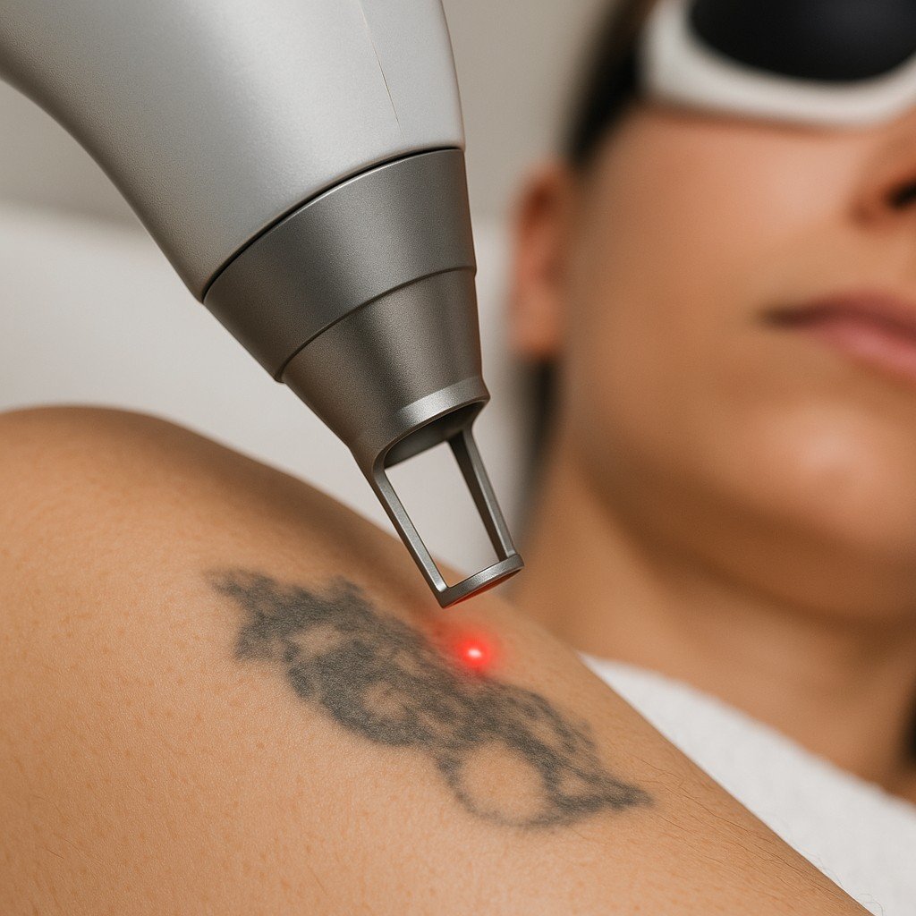Close-up van picoway laserbehandeling op vervaagde tatoeage, met zichtbare rode richtstraal.
