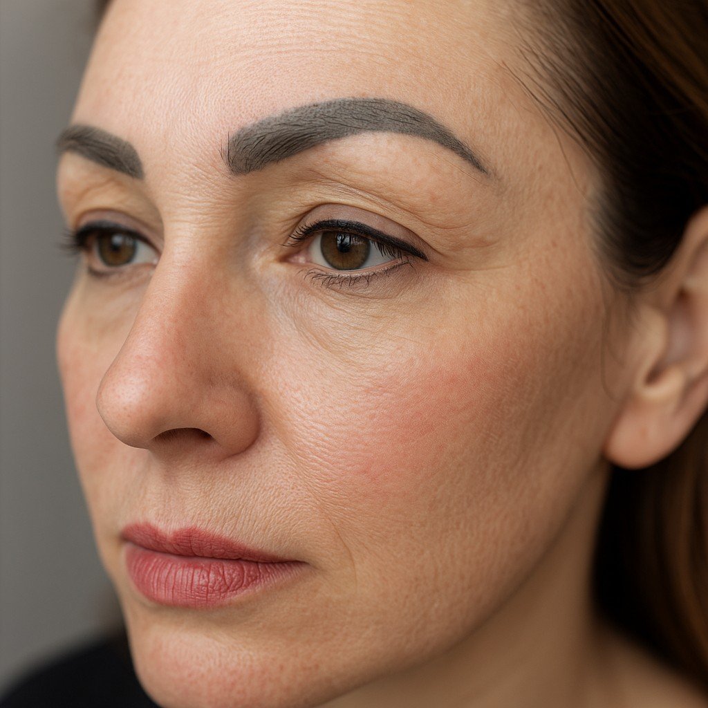 Close-up van vrouw met vervaagde permanente make-up op wenkbrauwen, eyeliner en lippen