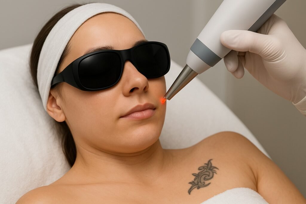 Vrouw ondergaat laser tattoo removal behandeling met beschermende bril