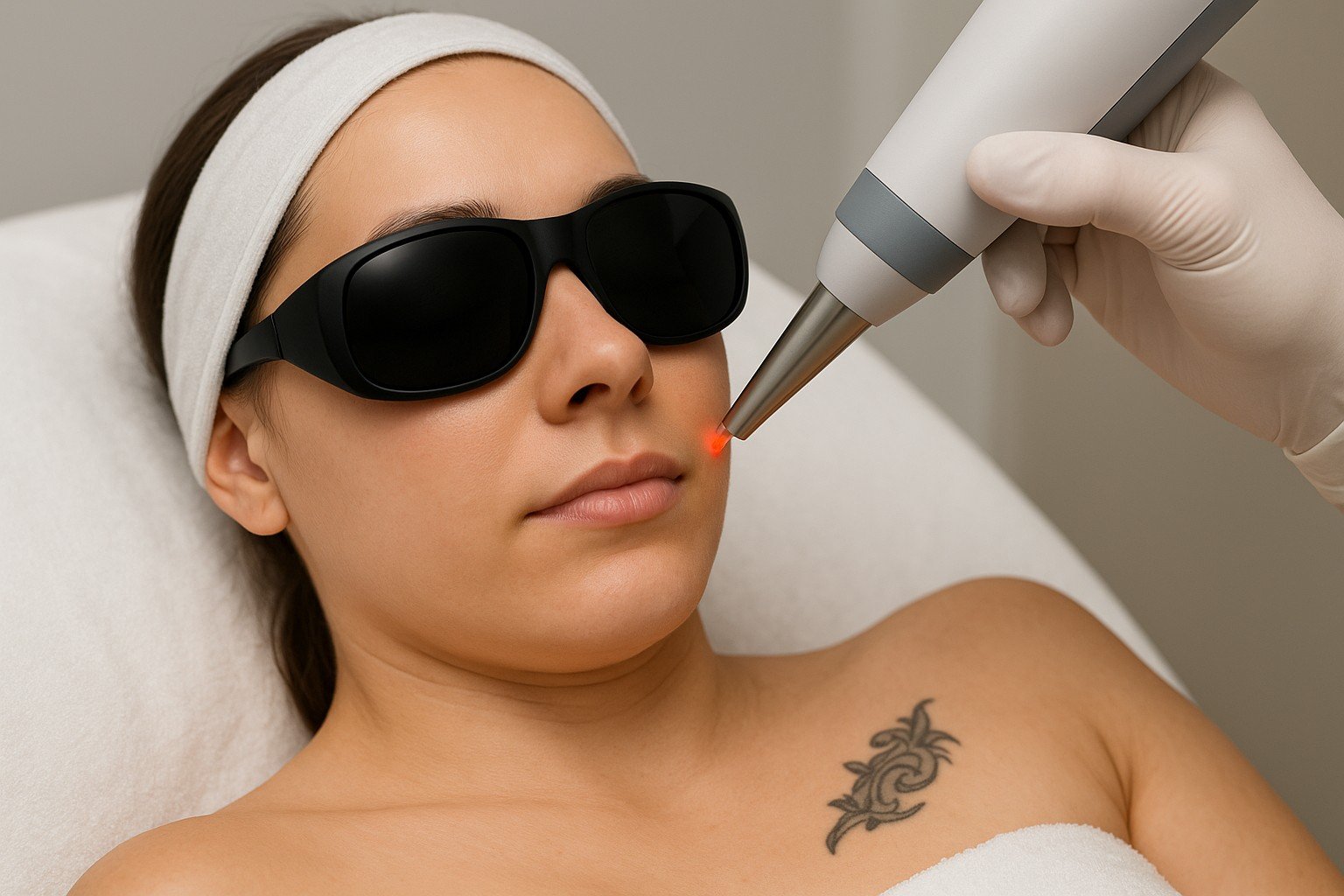 Vrouw ondergaat laser tattoo removal behandeling met beschermende bril
