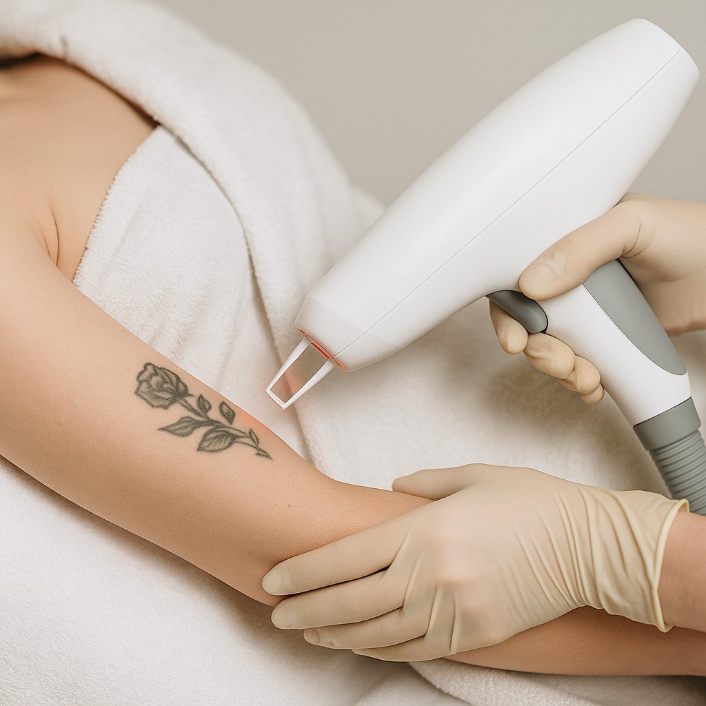 Close-up van een tattoo removal behandeling waarbij een huidtherapeut de huid zorgvuldig behandelt met een moderne lasertechniek
