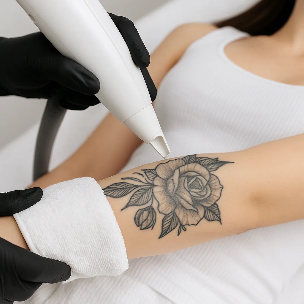 Laserbehandeling voor kosten tatoeage verwijderen op de onderarm in een moderne kliniek