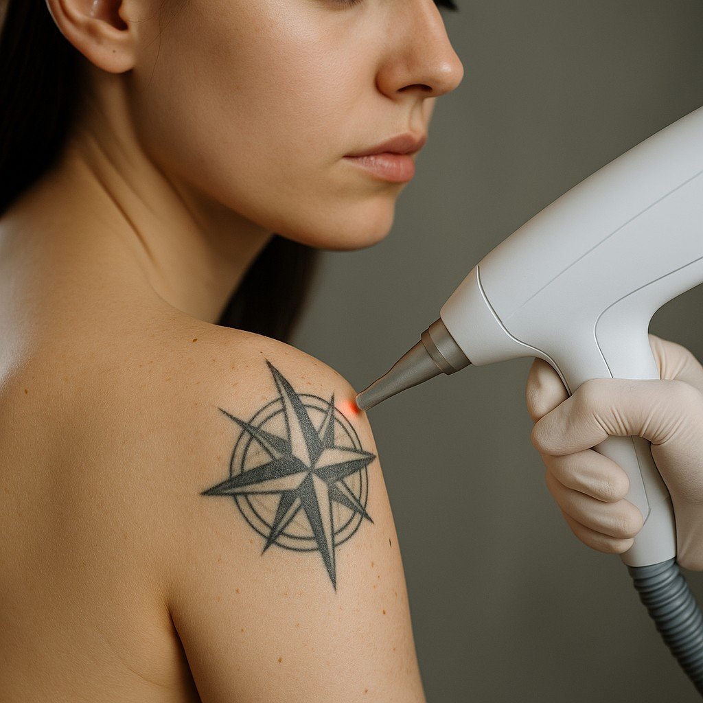 Close up van een laserbehandeling op een zwarte tattoo op een schouder, uitgevoerd in een klinische omgeving.