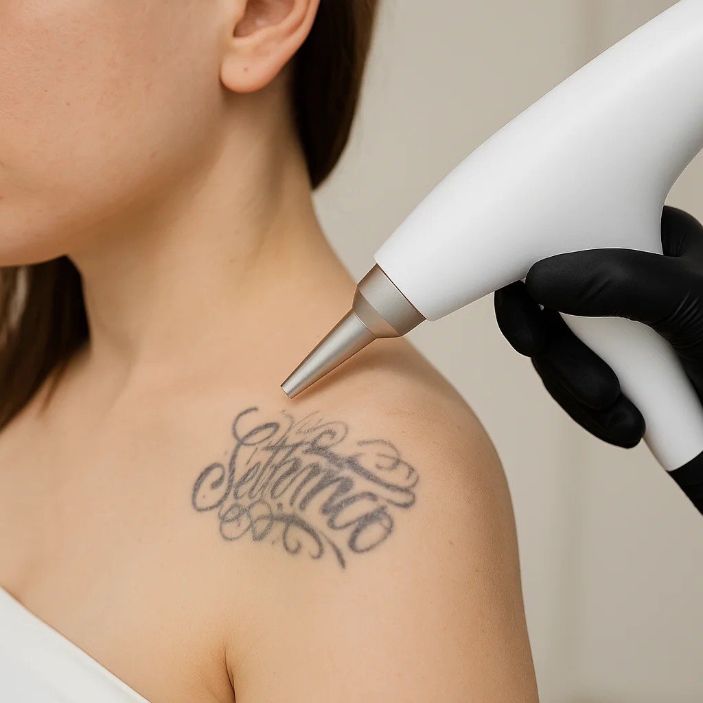 Close up van een tatoeage op de arm tijdens een alternatieve behandeling voor tattoo verwijderen, zonder gebruik van laser.