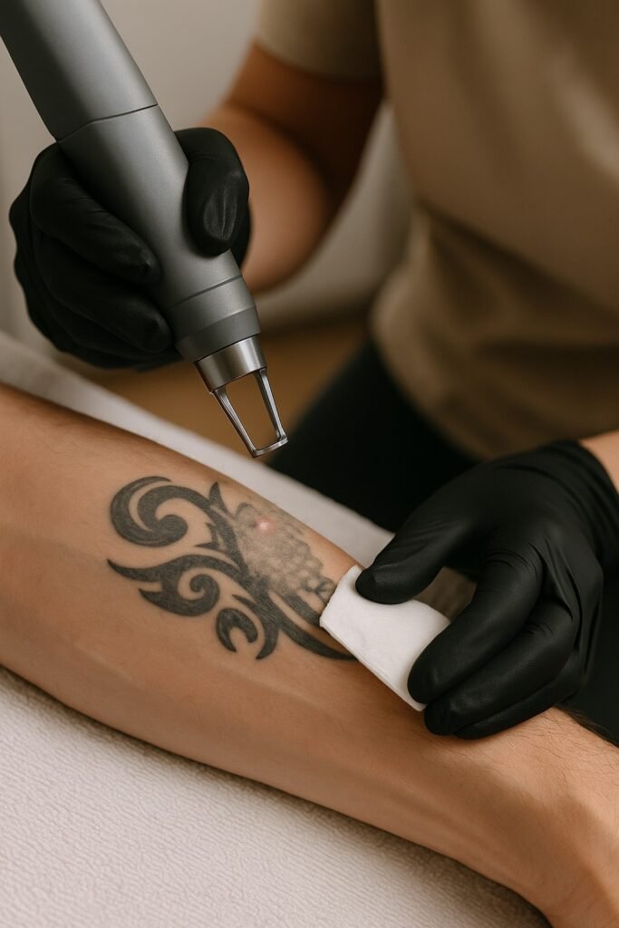 Laserbehandeling op zwarte tribal tattoo op onderarm met rood richtlicht en strakke focus