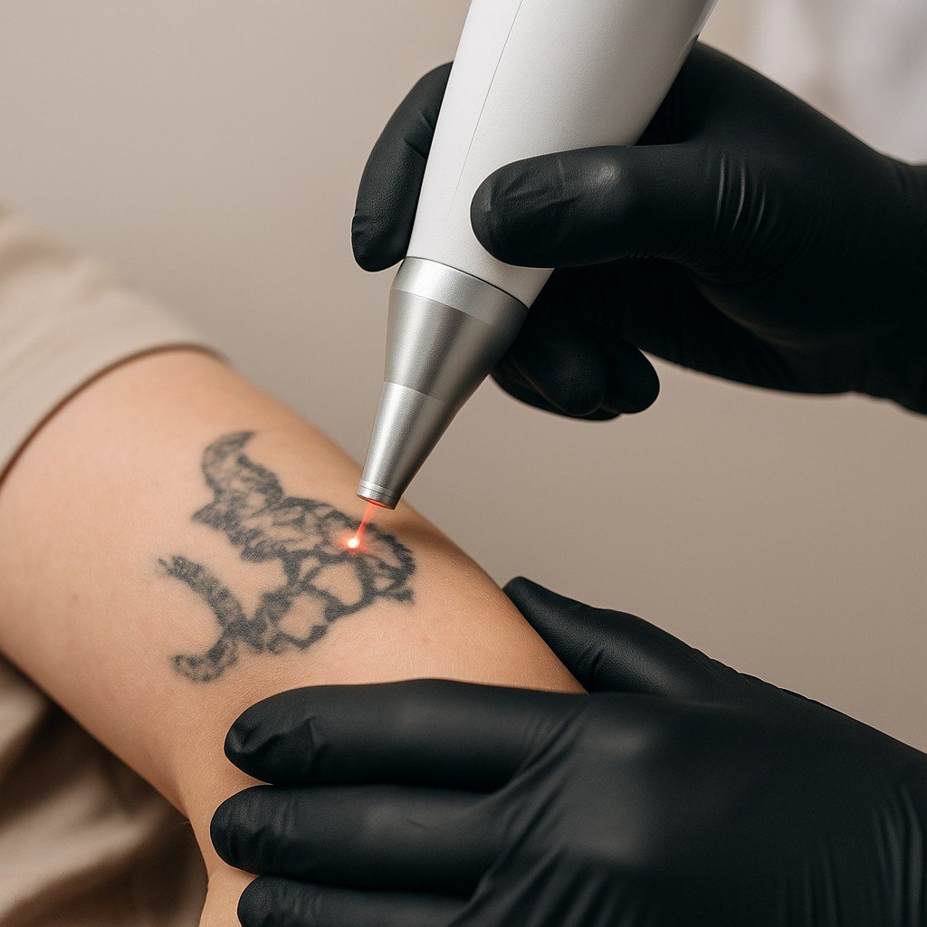 Close-up van laserbehandeling om een zwarte tattoo op de arm te verwijderen