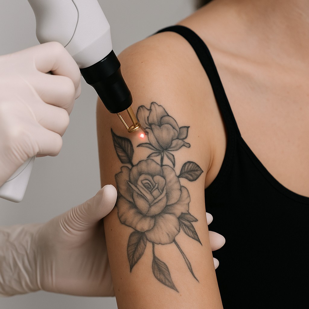 Close-up van een tattoo verwijderen kosten met moderne laser, gericht op het berekenen van realistische tattoo verwijderen kosten.