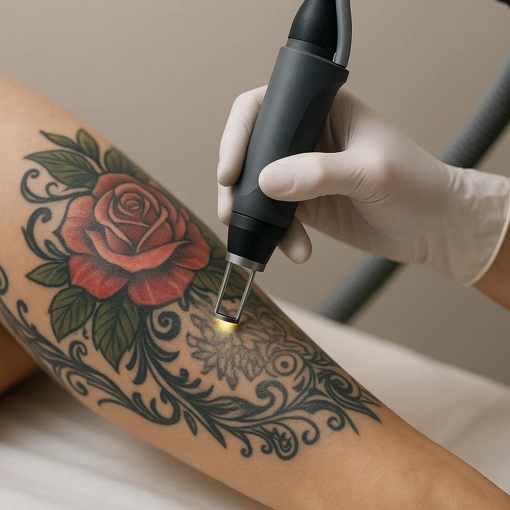 Laserbehandeling op kleurrijke tatoeage met rood en groen pigment op het bovenbeen van cliënt in kliniek.