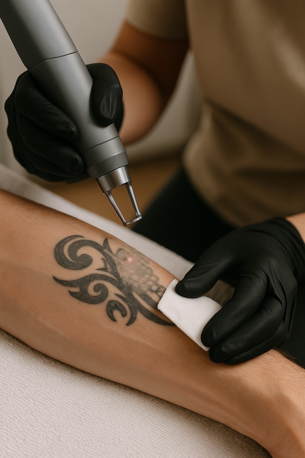 Laserbehandeling op zwarte tribal tattoo op onderarm met rood richtlicht en strakke focus