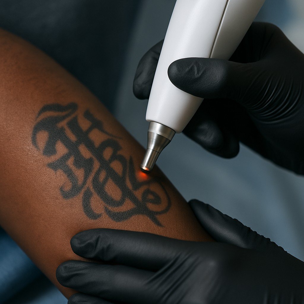 Close-up van tattoo weglaseren kosten voor het verwijderen van een zwarte tattoo op een donker huidtype