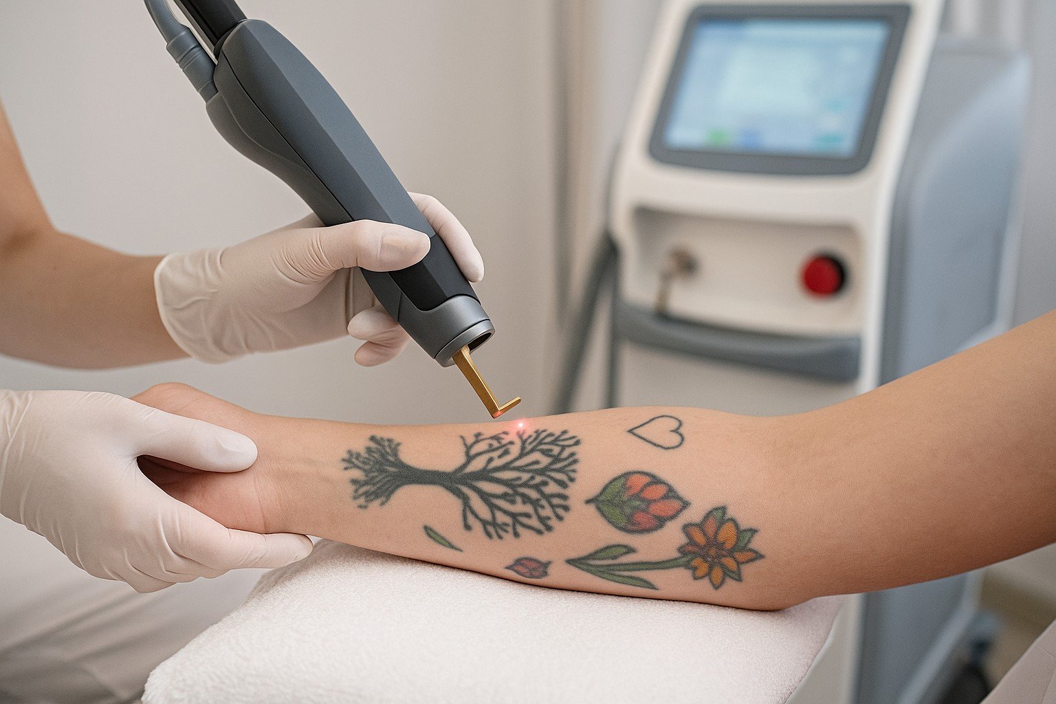Tattoo weglaseren behandeling op onderarm met moderne laser – veilige en effectieve verwijdering van zwarte en gekleurde tatoeages
