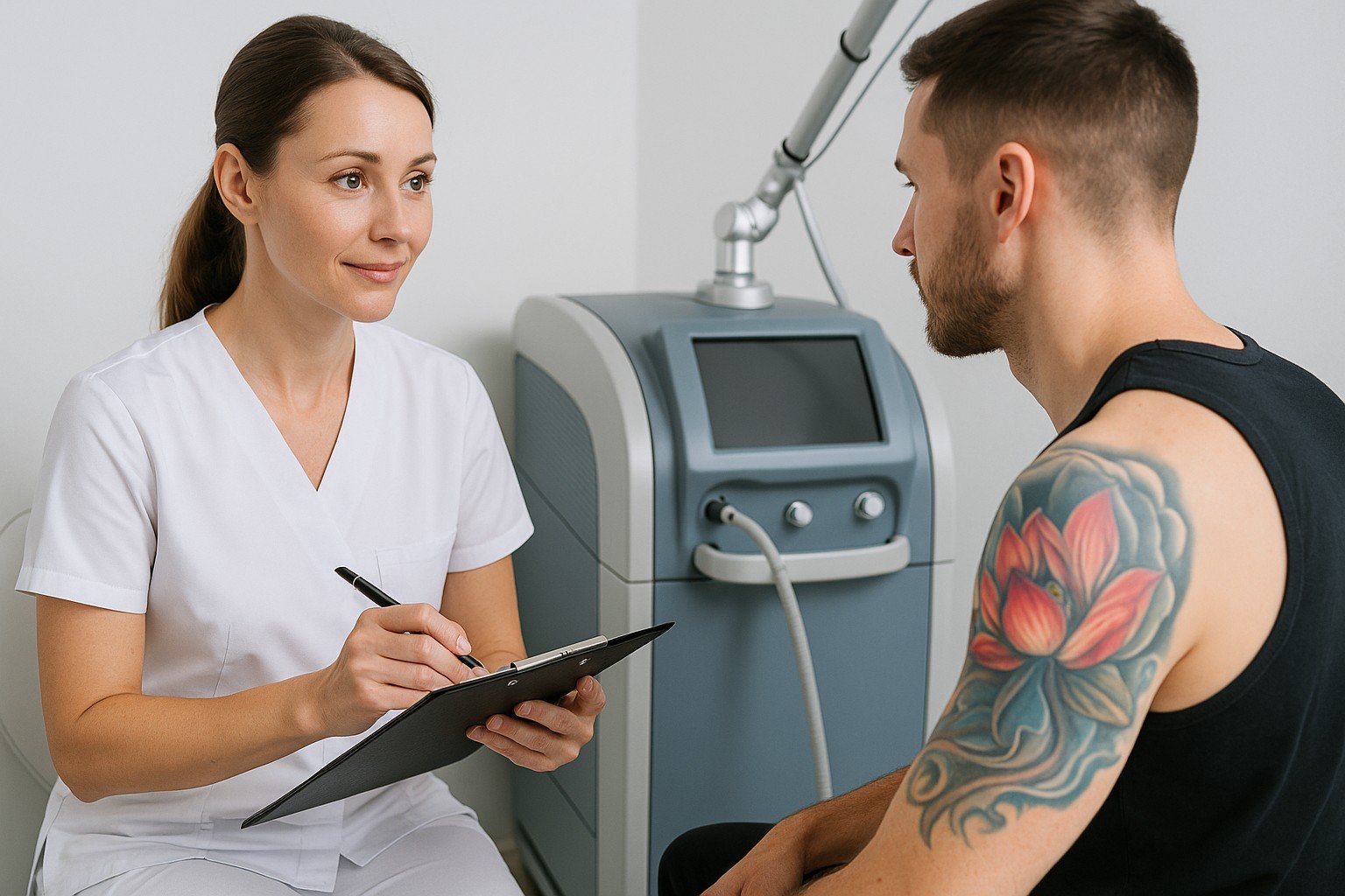 Echo scan tijdens intake voor tattoo verwijderen, gericht op kleur en inktdiepte van schoudertatoeage