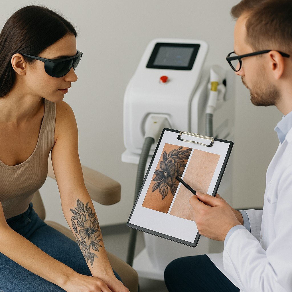 Een tatoeageverwijderingsspecialist voert een intakegesprek en huidanalyse uit met een cliënt die een bloemen-tatoeage op haar bovenarm heeft, in een schone medische ruimte met laserapparatuur op de achtergrond.