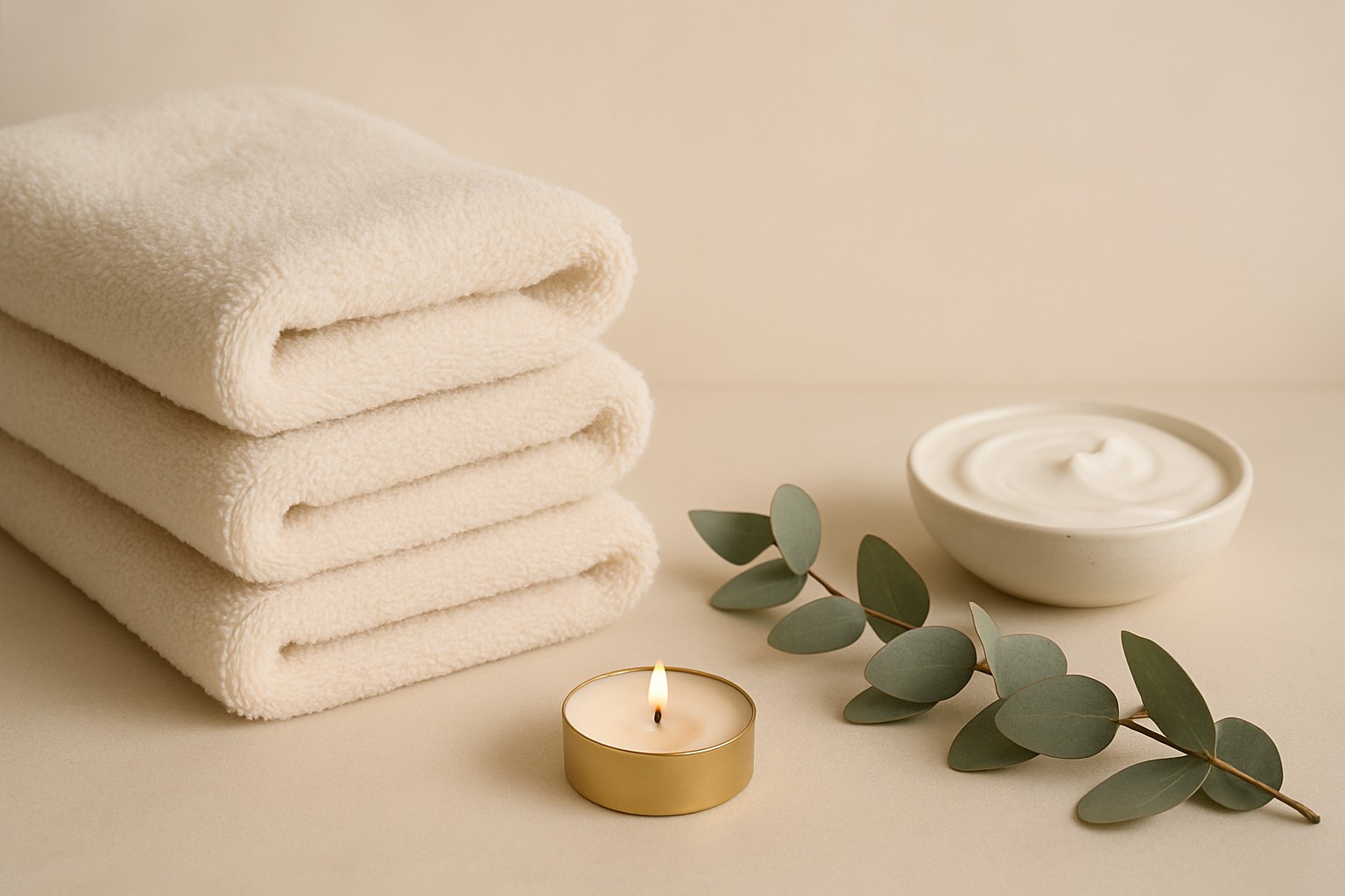 Minimalistische wellnessfoto met zachte opgerolde handdoeken, kaarsje en spa elementen in neutrale setting