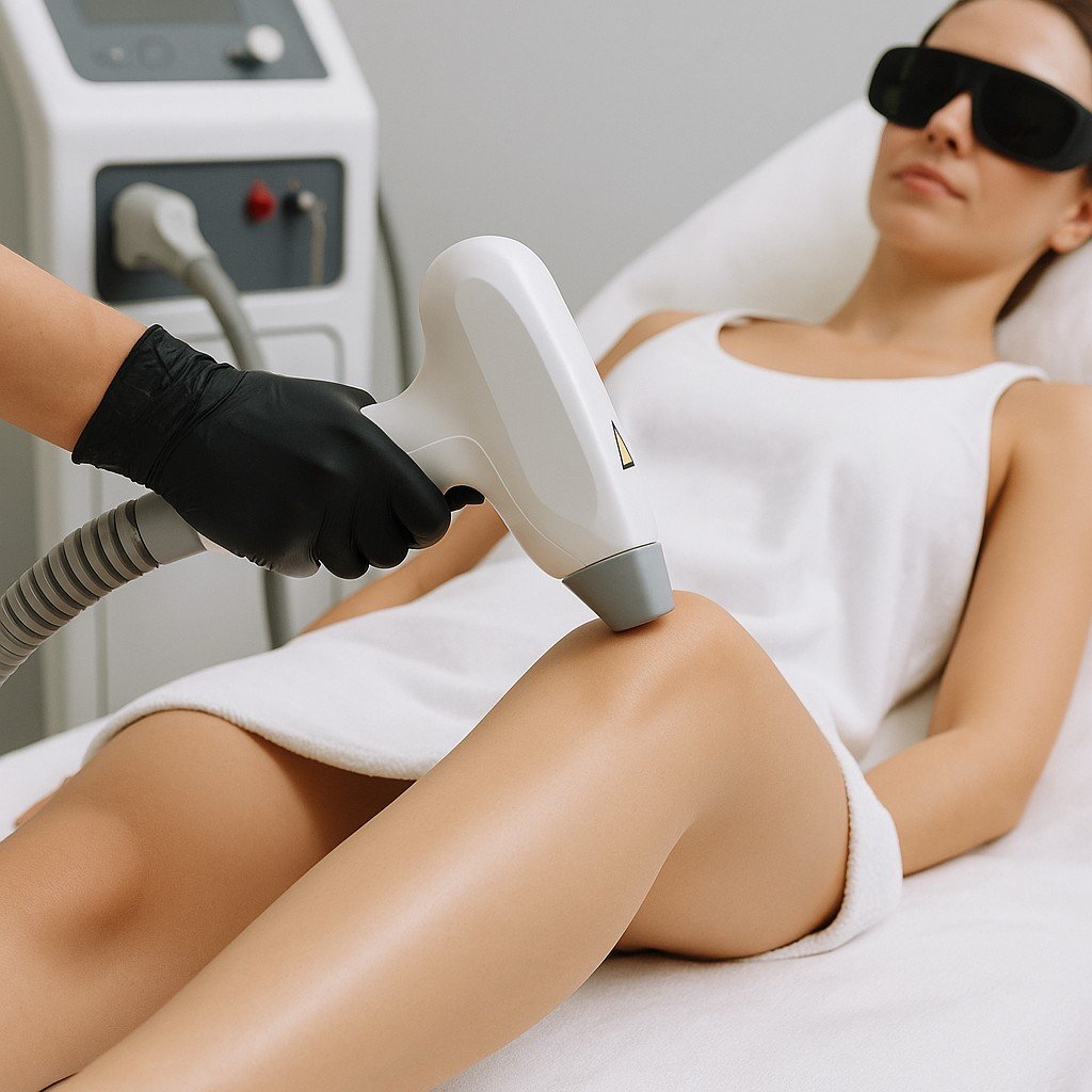 Close-up laserontharing van knie met handstuk en koeling; klinische omgeving en beschermbril.